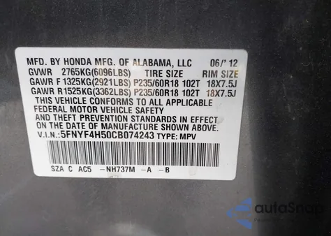 2012 Honda Pilot Ex-L from USA, damaged, VIN 5FNYF4H50CB074243